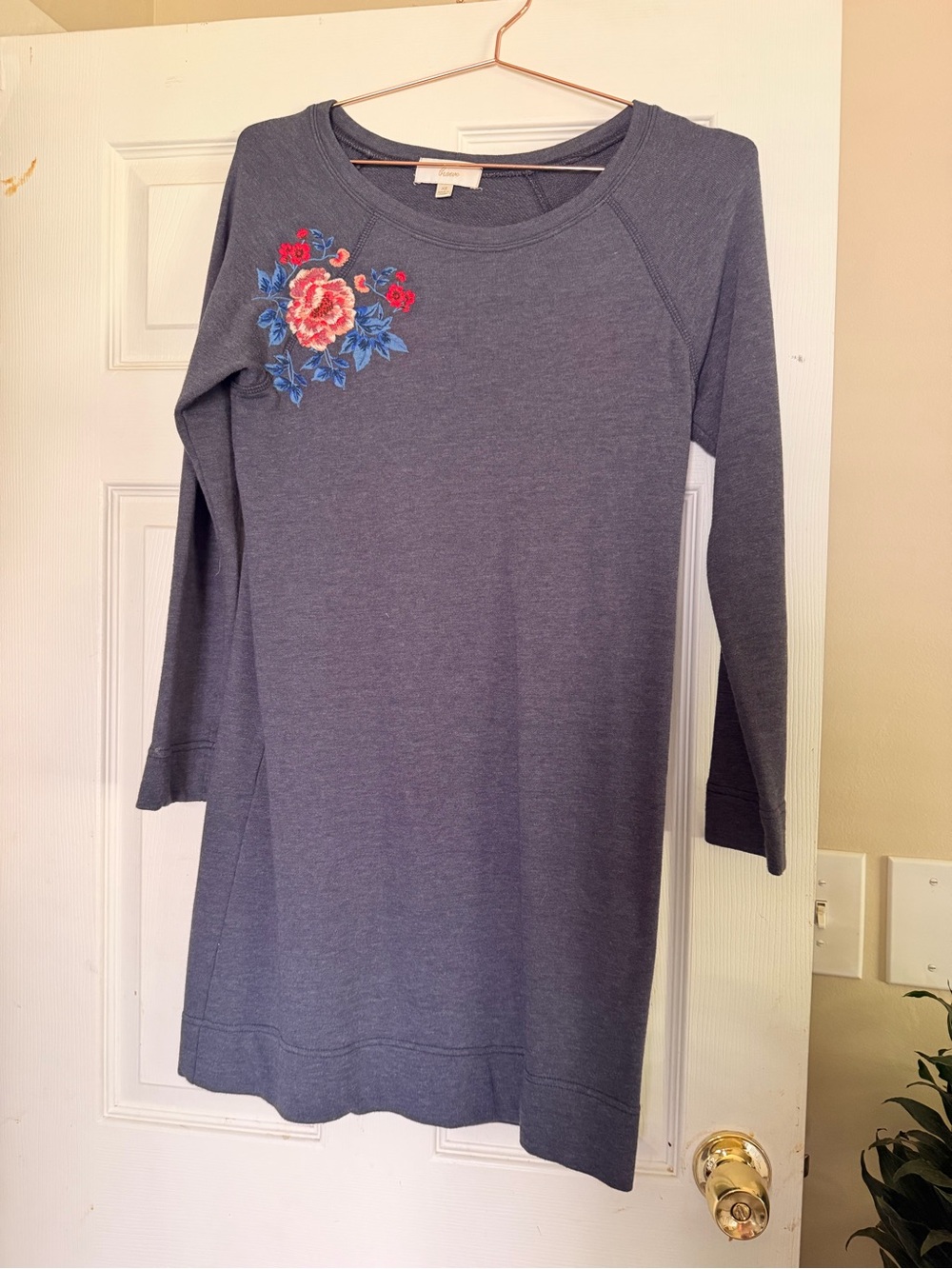 Braeve Embroidered Long-Sleeve Blue-Grey Knit Dress